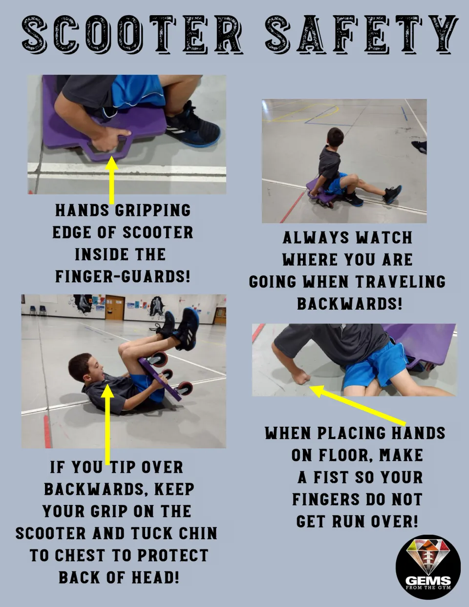 Scooter safety poster 2 of 10: photos show protected grips, looking backward, a tucked chin, and closed fists.