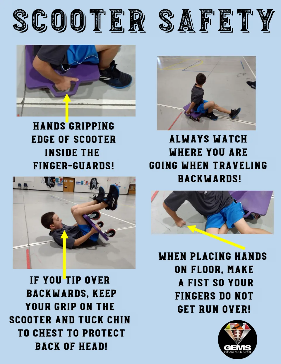 Scooter safety poster 3 of 10: photos show protected grips, looking backward, a tucked chin, and closed fists.