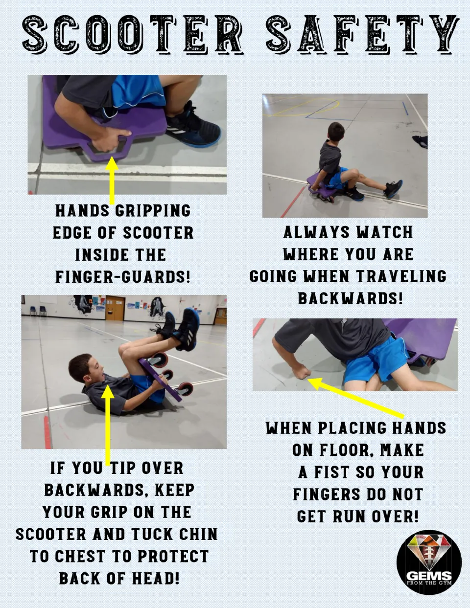 Scooter safety poster 4 of 10: photos show protected grips, looking backward, a tucked chin, and closed fists.