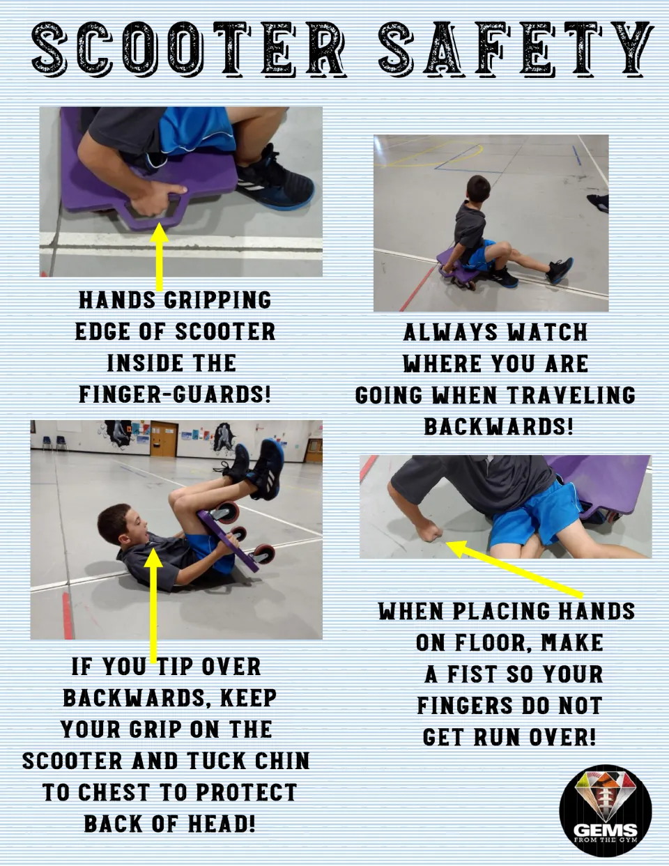 Scooter safety poster 5 of 10: photos show protected grips, looking backward, a tucked chin, and closed fists.