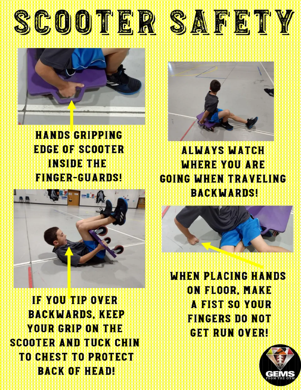 Scooter safety poster 6 of 10: photos show protected grips, looking backward, a tucked chin, and closed fists.