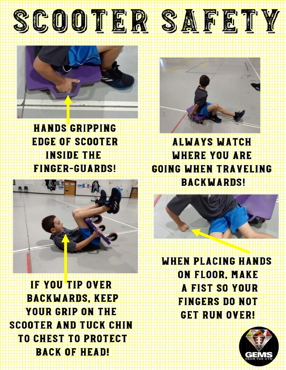 Scooter safety poster 7 of 10: photos show protected grips, looking backward, a tucked chin, and closed fists.