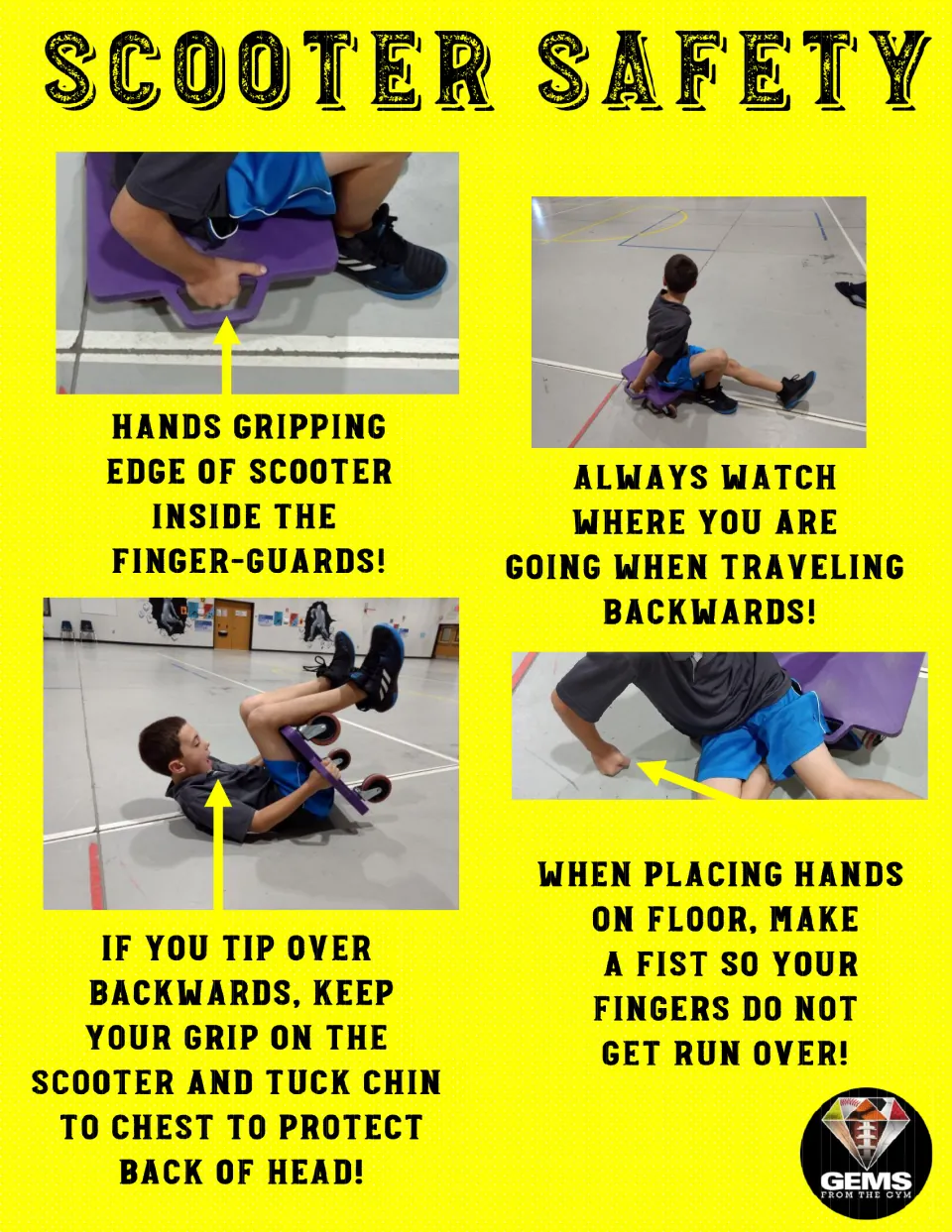 Scooter safety poster 8 of 10: photos show protected grips, looking backward, a tucked chin, and closed fists.