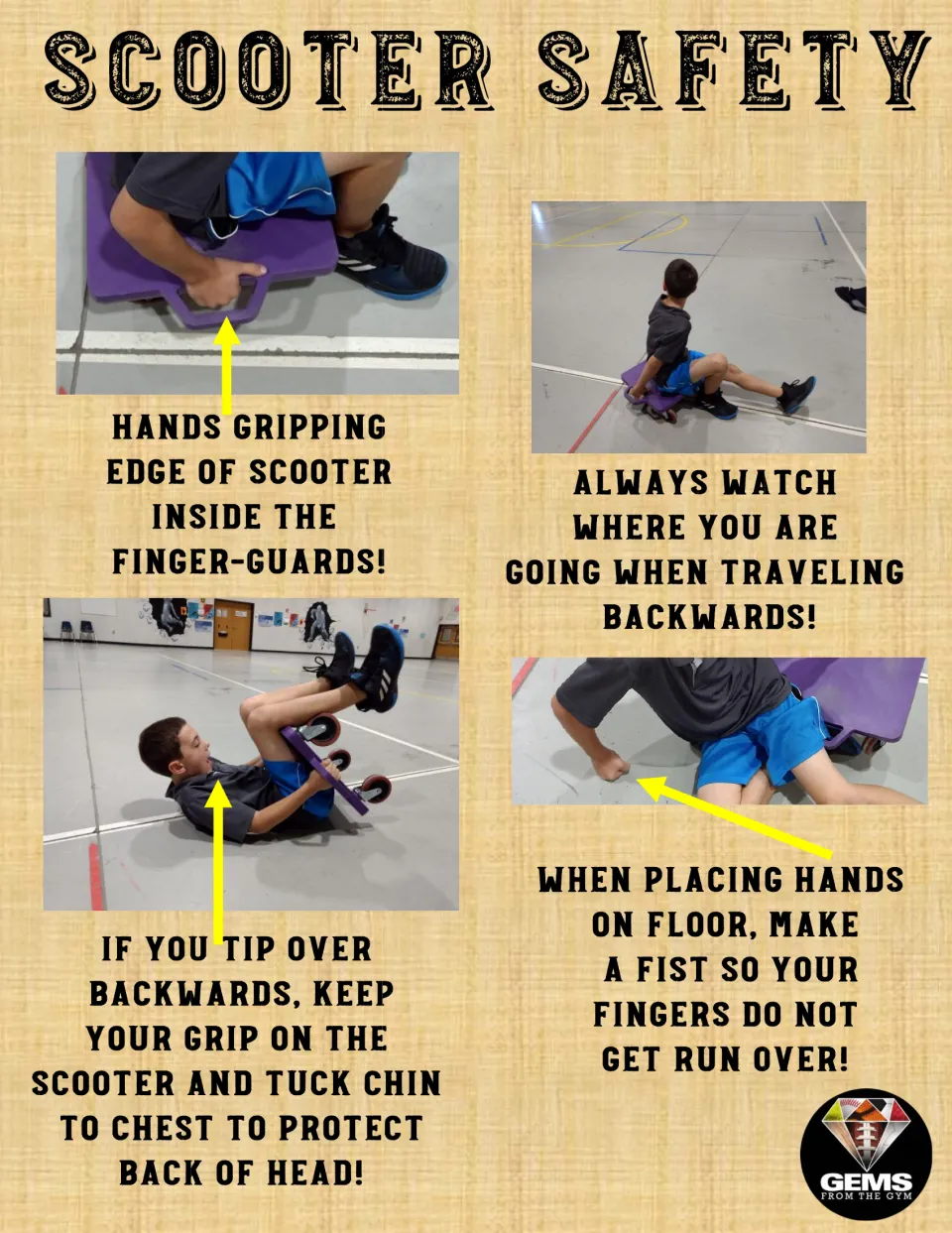 Scooter safety poster 9 of 10: photos show protected grips, looking backward, a tucked chin, and closed fists.