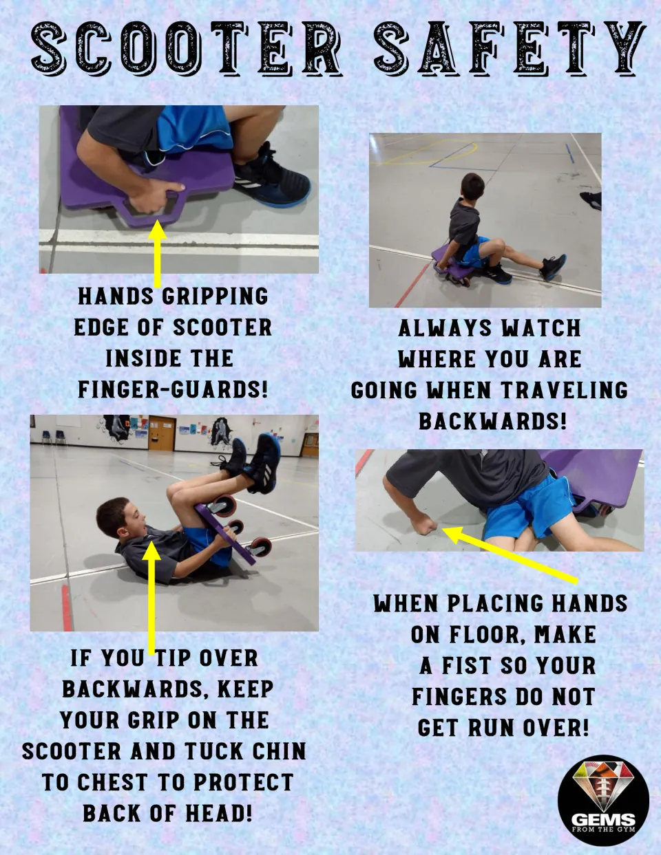 Scooter safety poster 10 of 10: photos show protected grips, looking backward, a tucked chin, and closed fists.