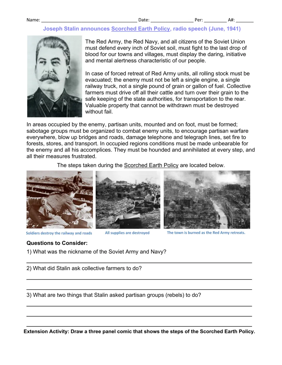 Primary source reading: Stalin's 1941 scorched earth speech, three questions, and a three-panel comic task.