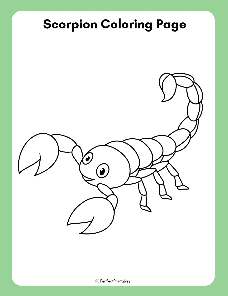Scorpion coloring page: a smiling cartoon scorpion outline with claws, segmented body and curled stinger tail to color