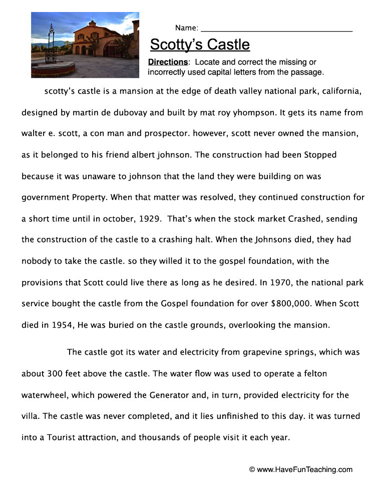 Scotty's Castle Capital Letters Worksheet teaching resource preview