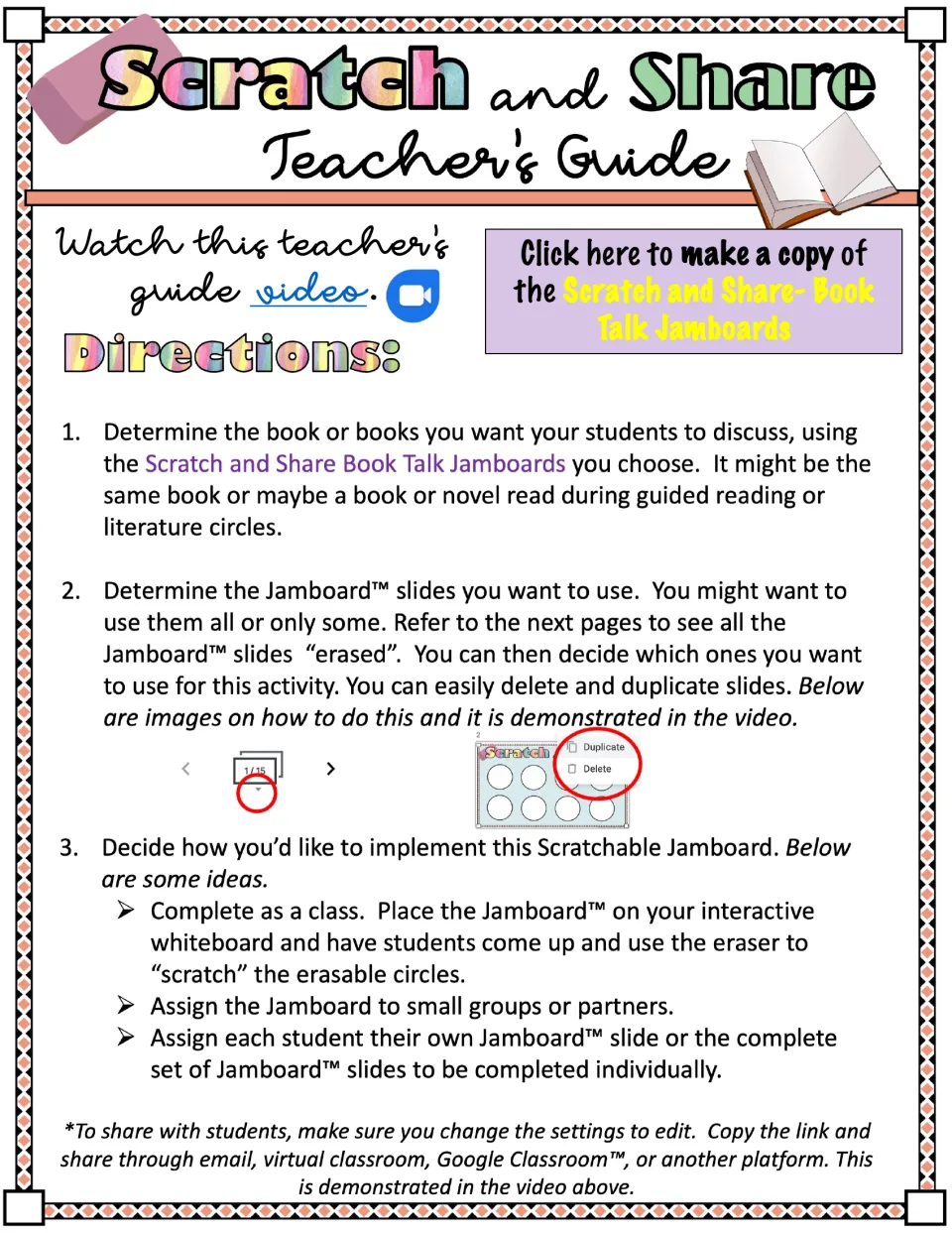 Teacher guide for the book talk activity: choosing books and slides, grouping students, and sharing access.
