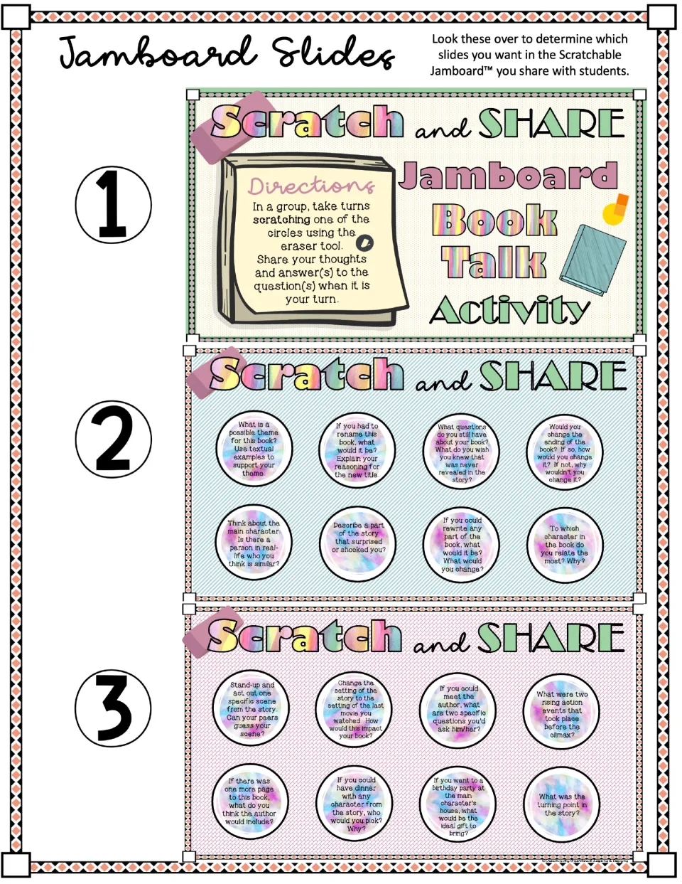 Book talk slide previews 1–3: student directions and 16 prompts on theme, endings, characters, and plot.
