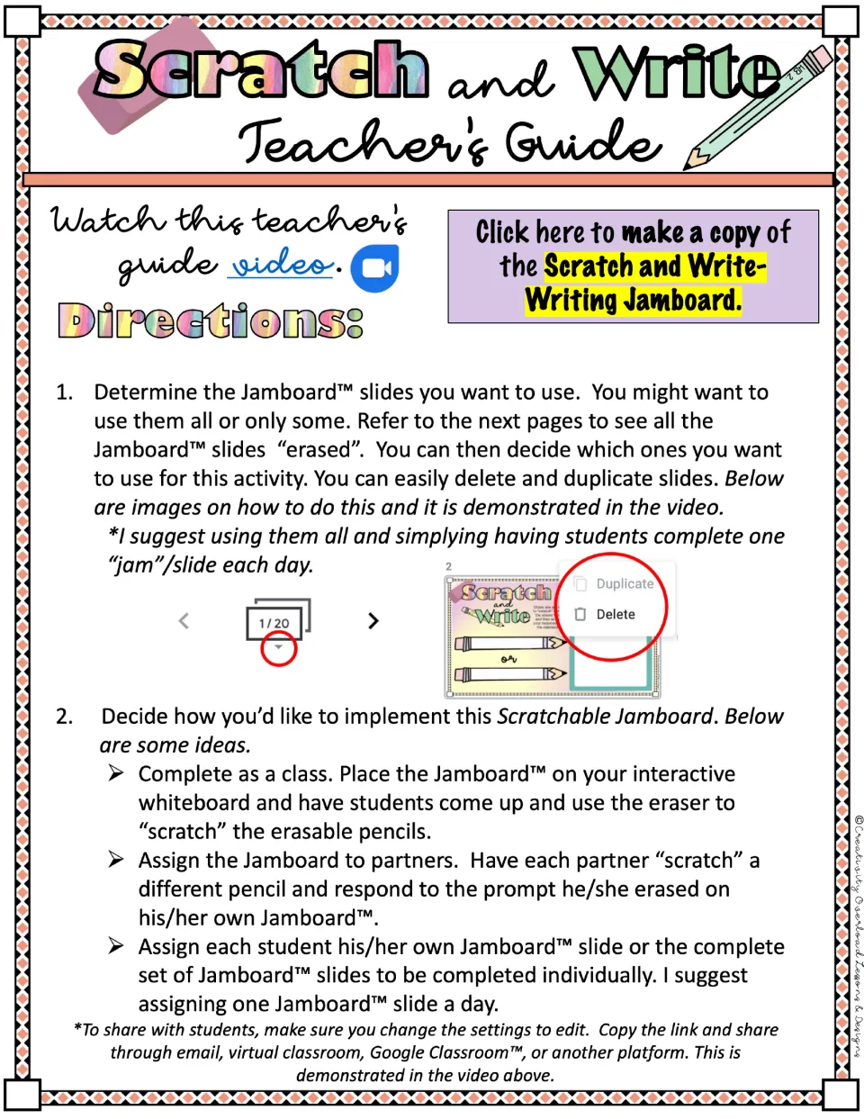 Teacher guide for the writing Jamboard: selecting slides and assigning whole-class, partner, or individual work
