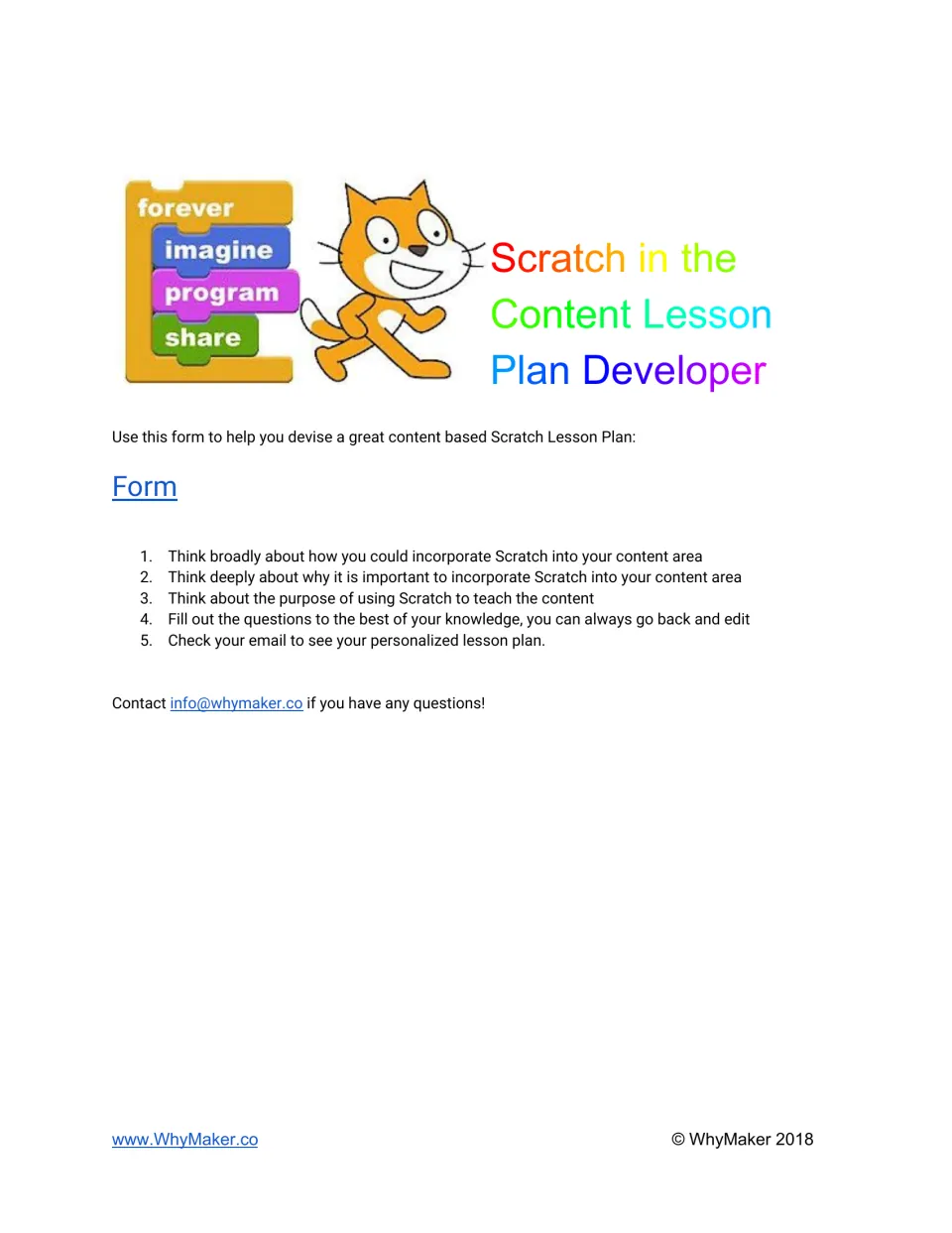 Scratch lesson planning guide: form link and five steps for integrating Scratch into a content area lesson.