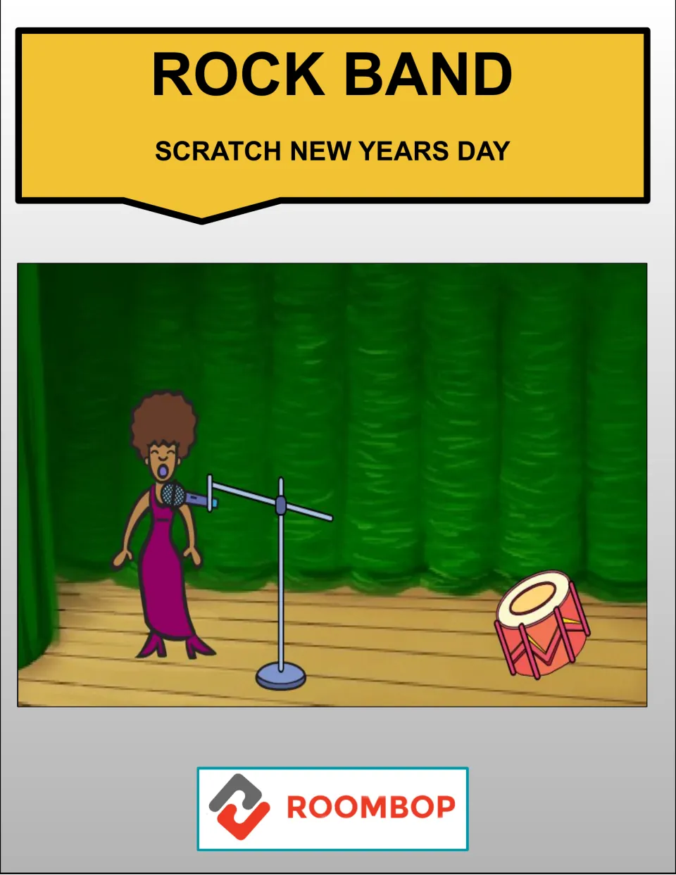 Rock Band Scratch coding guide cover showing a singer at a microphone and a drum on a green-curtained stage