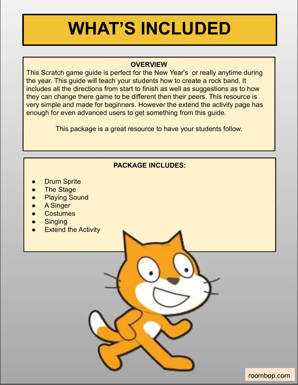 Overview of the rock band Scratch guide for beginners, listing sections from drum sprite and stage through extension ideas