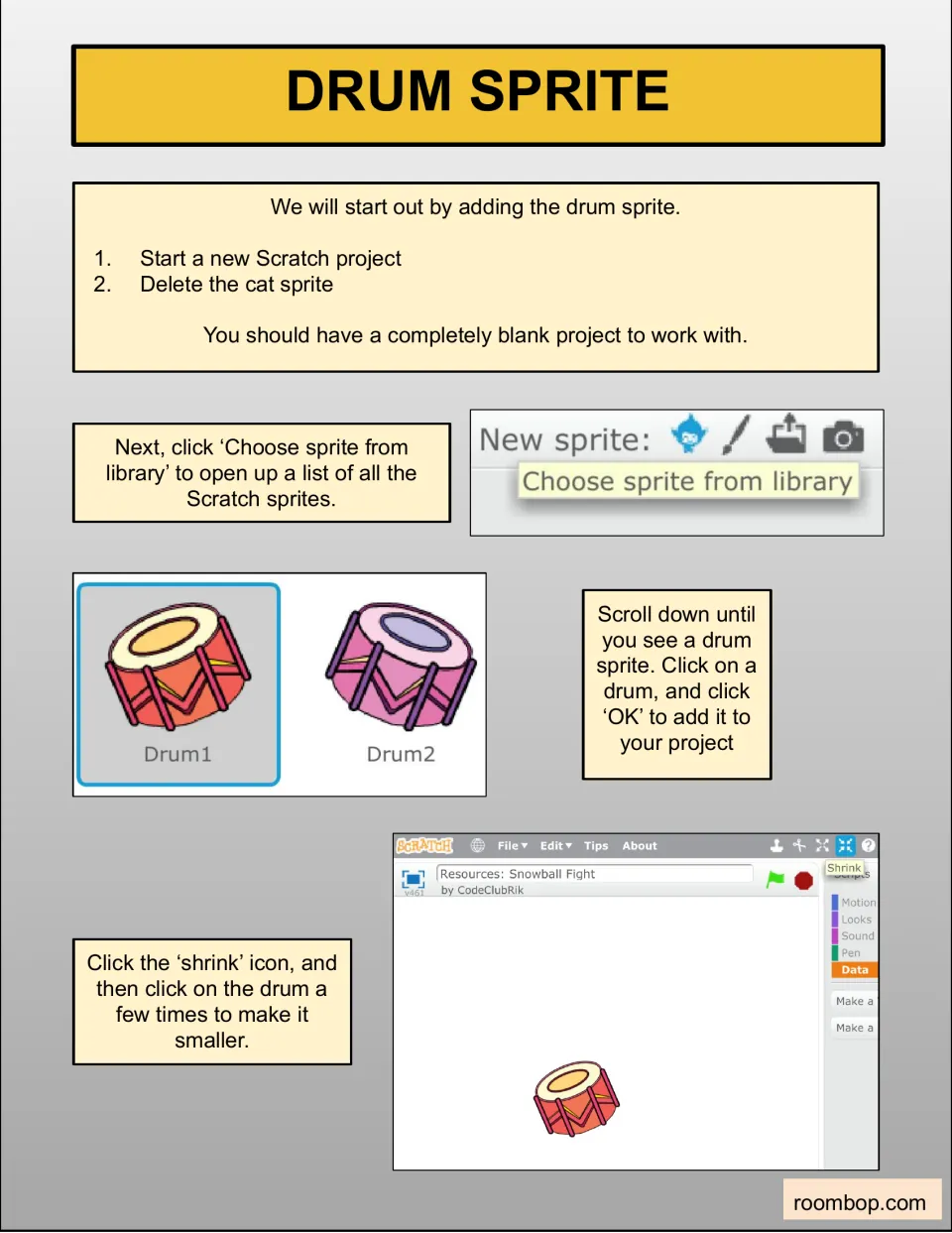 Drum sprite setup: students start a new Scratch project, delete the cat, add a drum from the sprite library and shrink it