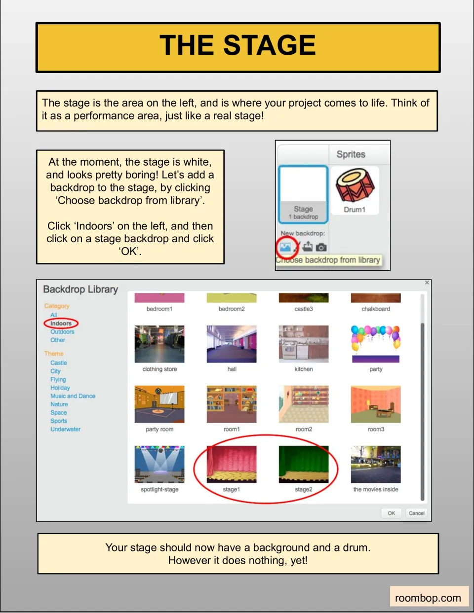 Adding a stage backdrop in Scratch: students open the backdrop library, choose Indoors and pick a stage1 or stage2 scene