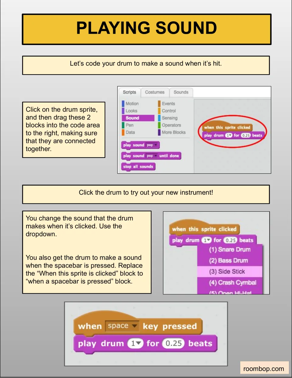 Coding a drum sound: students connect a when-sprite-clicked block to play drum, change the drum type and try a space key