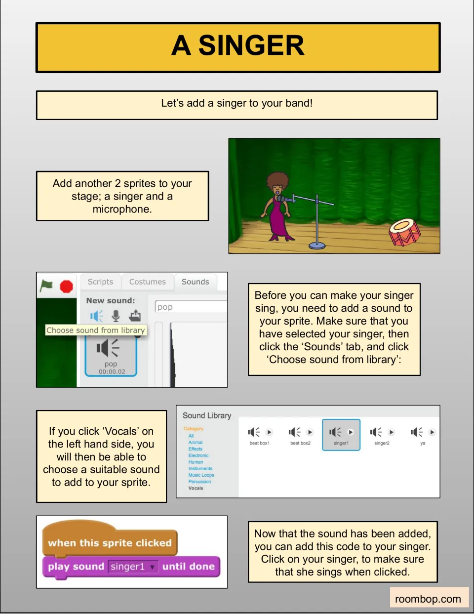 Adding a singer in Scratch: students add singer and microphone sprites, pick a Vocals sound and code play sound until done