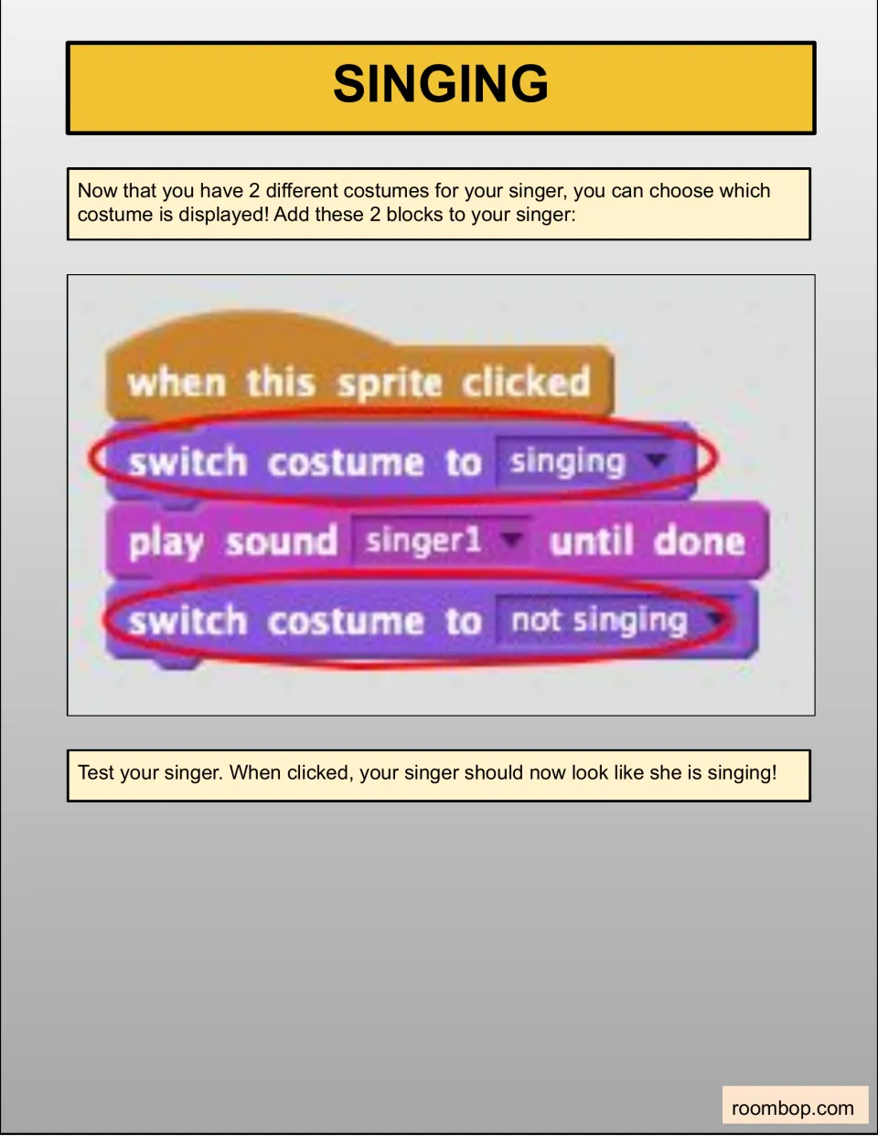 Animating the singer: a script switches costume to singing, plays sound singer1 until done, then switches to not singing