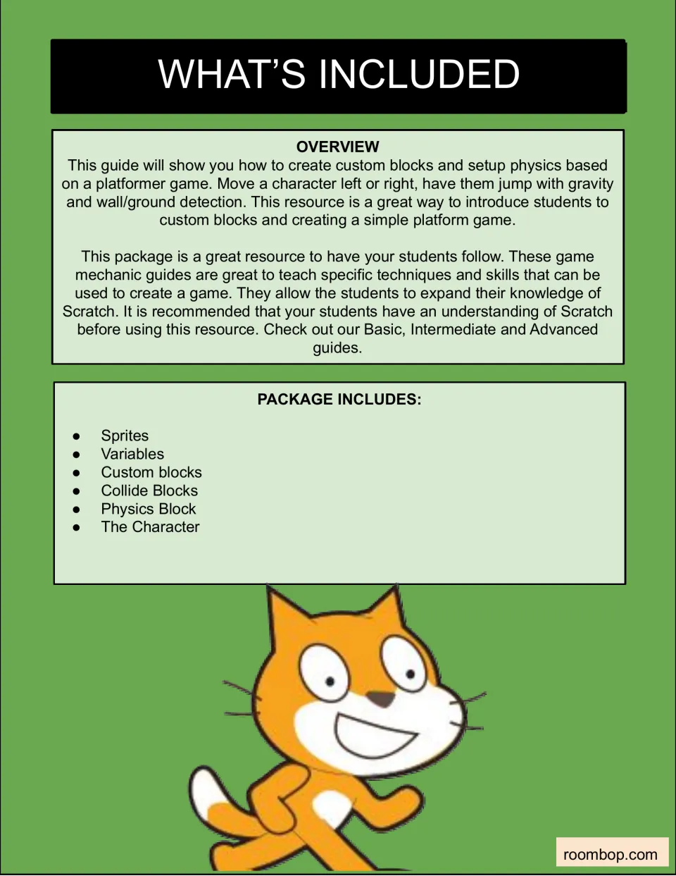 Overview of a Scratch platformer guide on custom blocks, gravity jumps and wall detection, listing the six sections