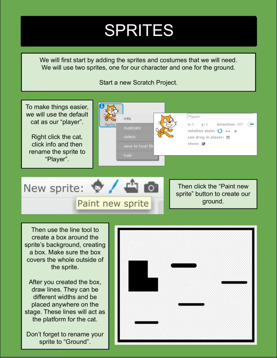 Sprites setup: students rename the Scratch cat to Player, then paint a Ground sprite with a box and lines as platforms