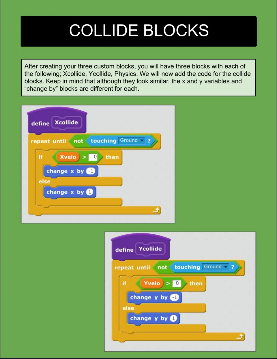 Collide blocks: scripts defining Xcollide and Ycollide, nudging the sprite by 1 or -1 until it stops touching Ground