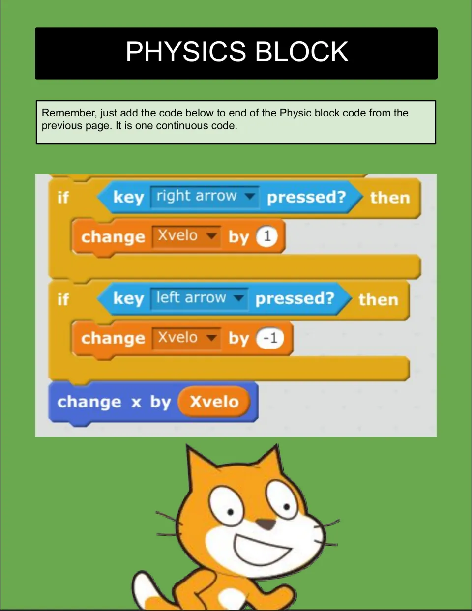 Physics block part 2: code changing Xvelo by 1 or -1 when right or left arrow keys are pressed, then moving x by Xvelo