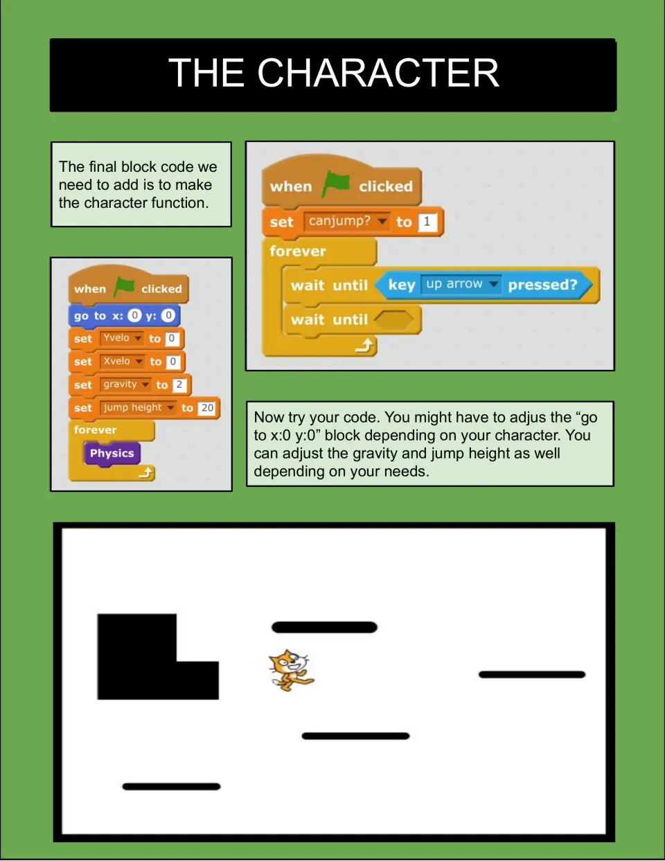 The Character: green-flag scripts set starting variables, gravity 2 and jump height 20, then run Physics forever