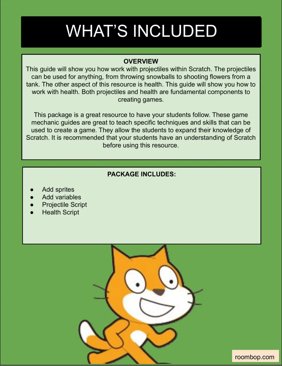 What's Included: overview of the Scratch guide and a list of its four parts: add sprites, add variables and two scripts