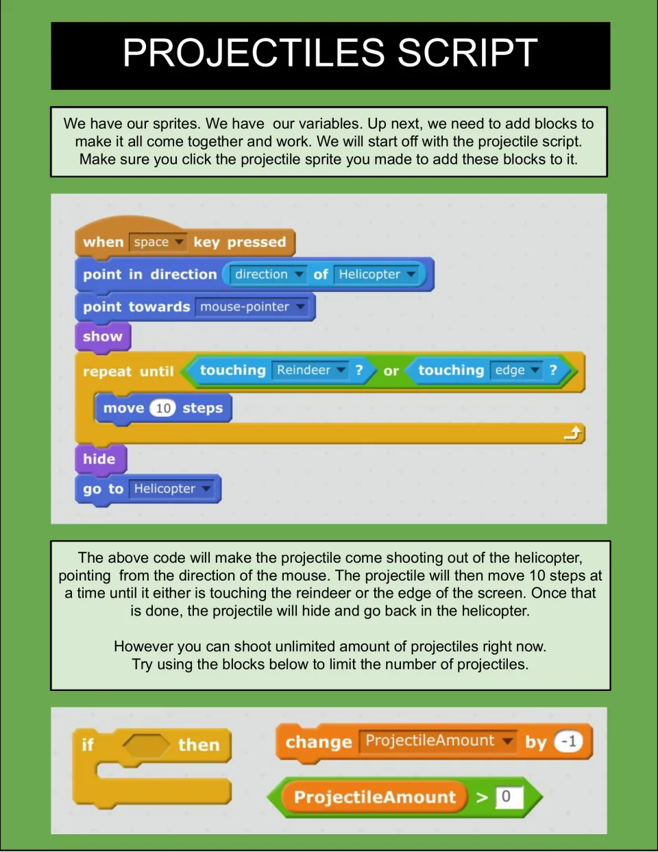 Projectiles Script: students code a shot that fires on the space key, aims at the mouse and stops at the reindeer or edge