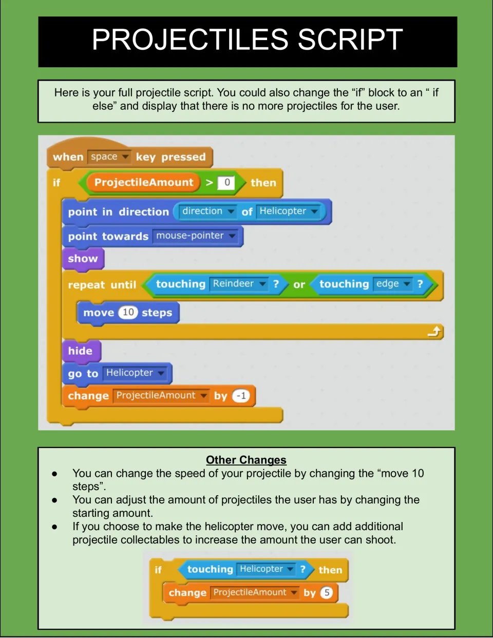 Full projectile script: students add an if ProjectileAmount > 0 check; tips cover speed, starting ammo and collectables
