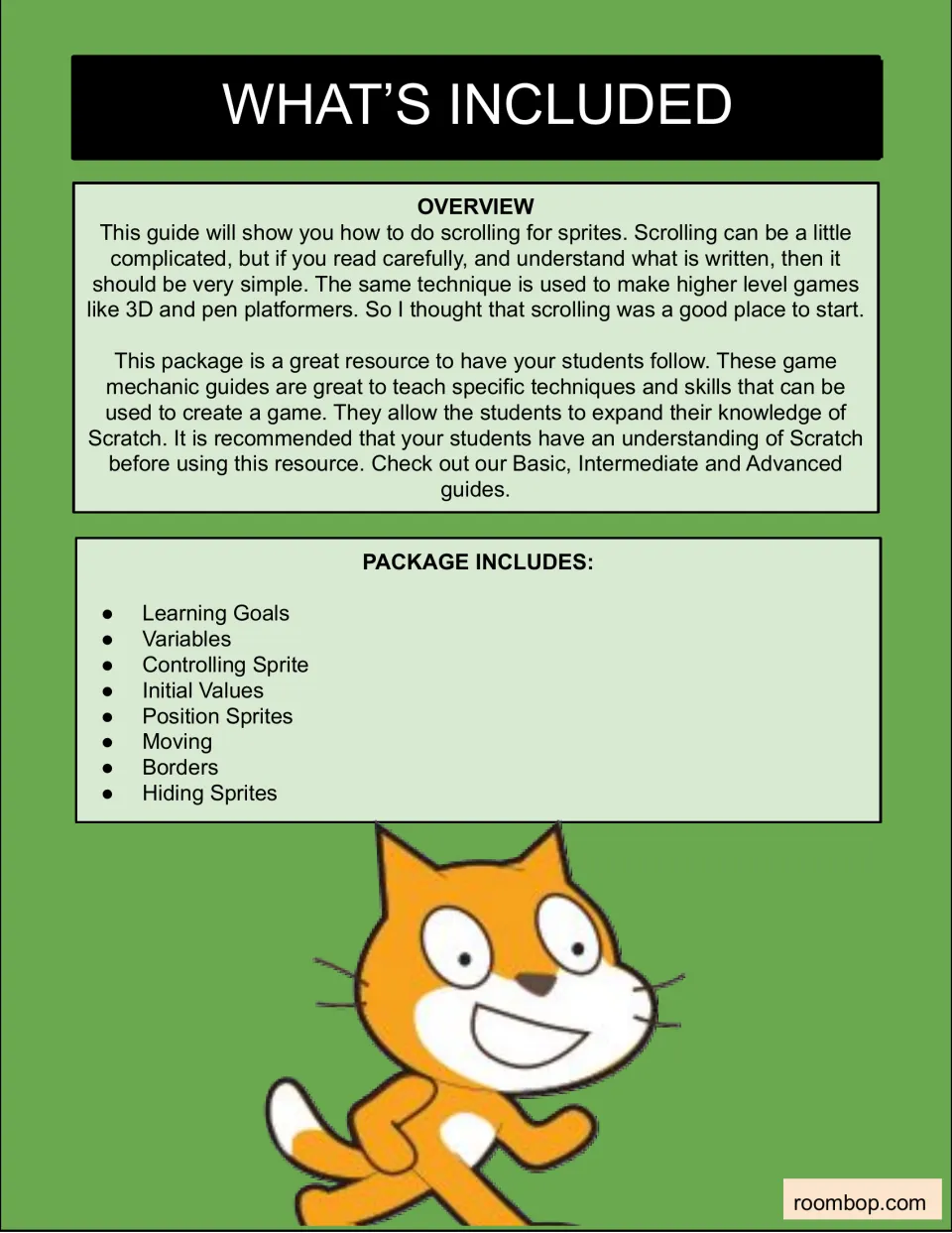 What's included: overview of sprite scrolling and the eight sections, from Learning Goals and Variables to Hiding Sprites