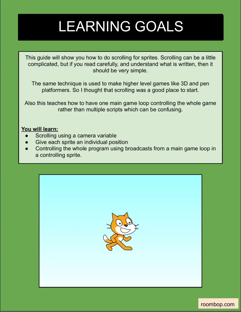 Learning goals: scrolling with a camera variable, giving each sprite its own position and main game loop using broadcasts