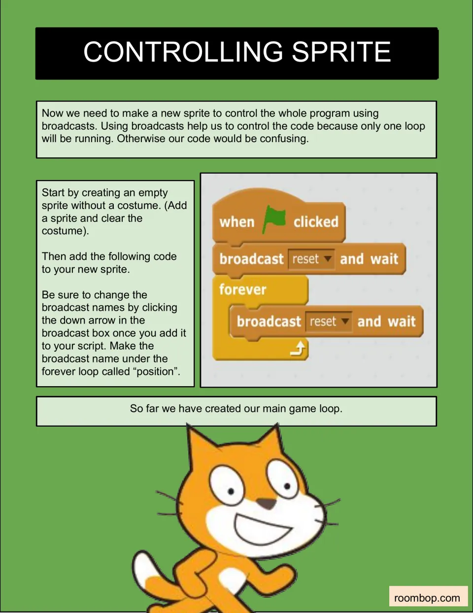 Controlling sprite: students add a when flag clicked script that broadcasts reset, then position in a forever loop