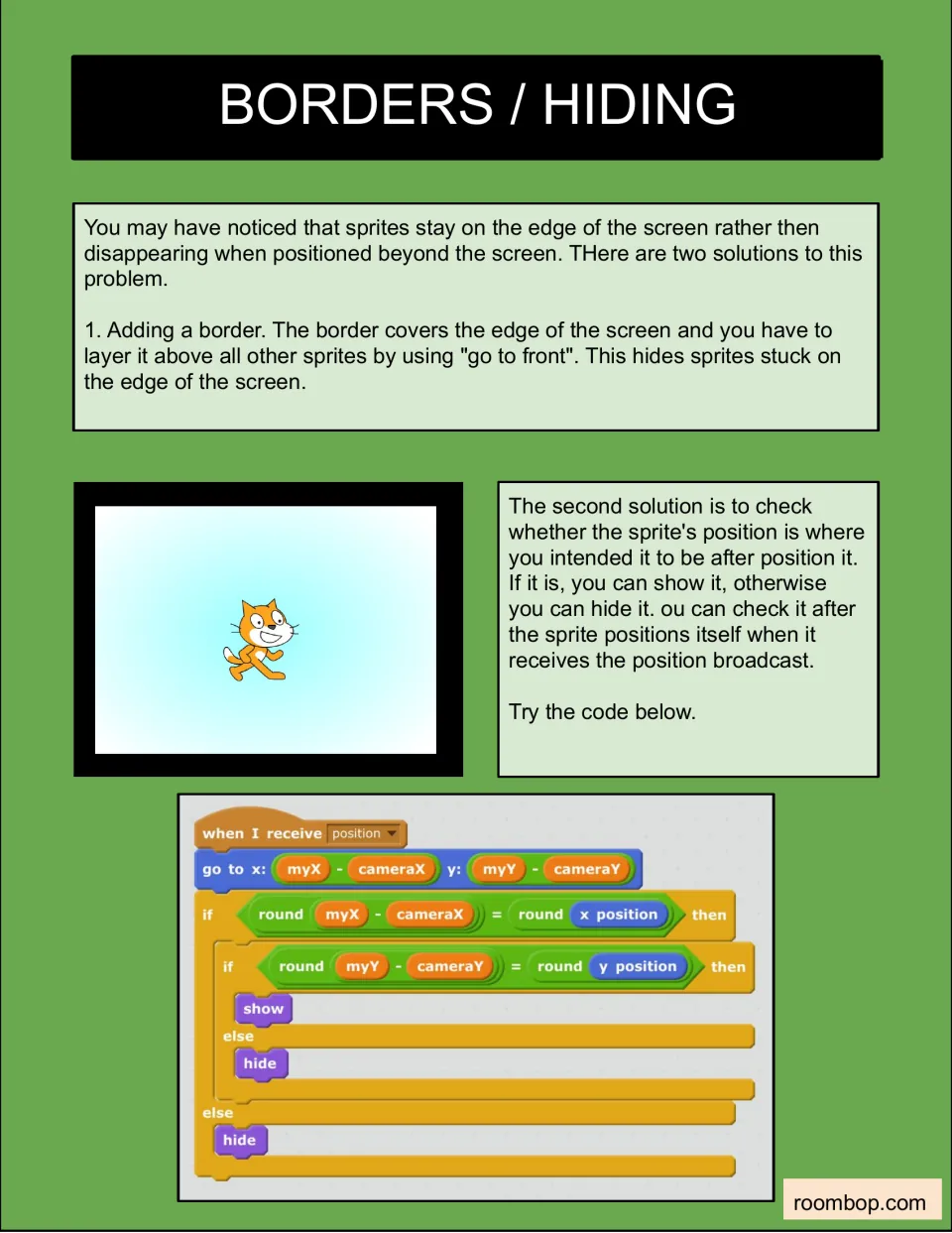 Borders and hiding: fix sprites stuck at the screen edge with a front-layer border or if-else code that shows or hides