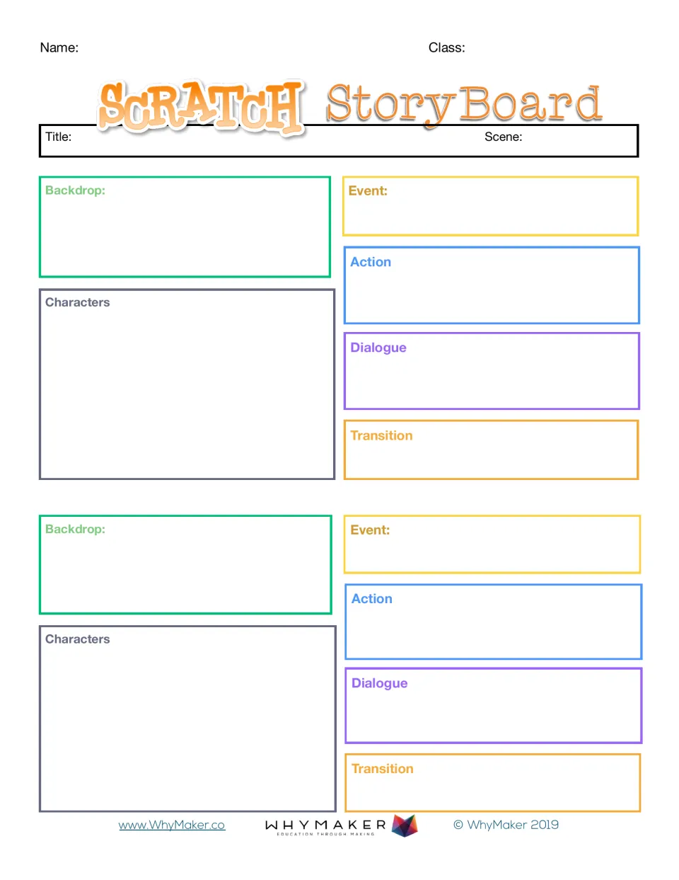 Scratch StoryBoard: students plan two scenes, noting backdrop, characters, event, action, dialogue and transition for each