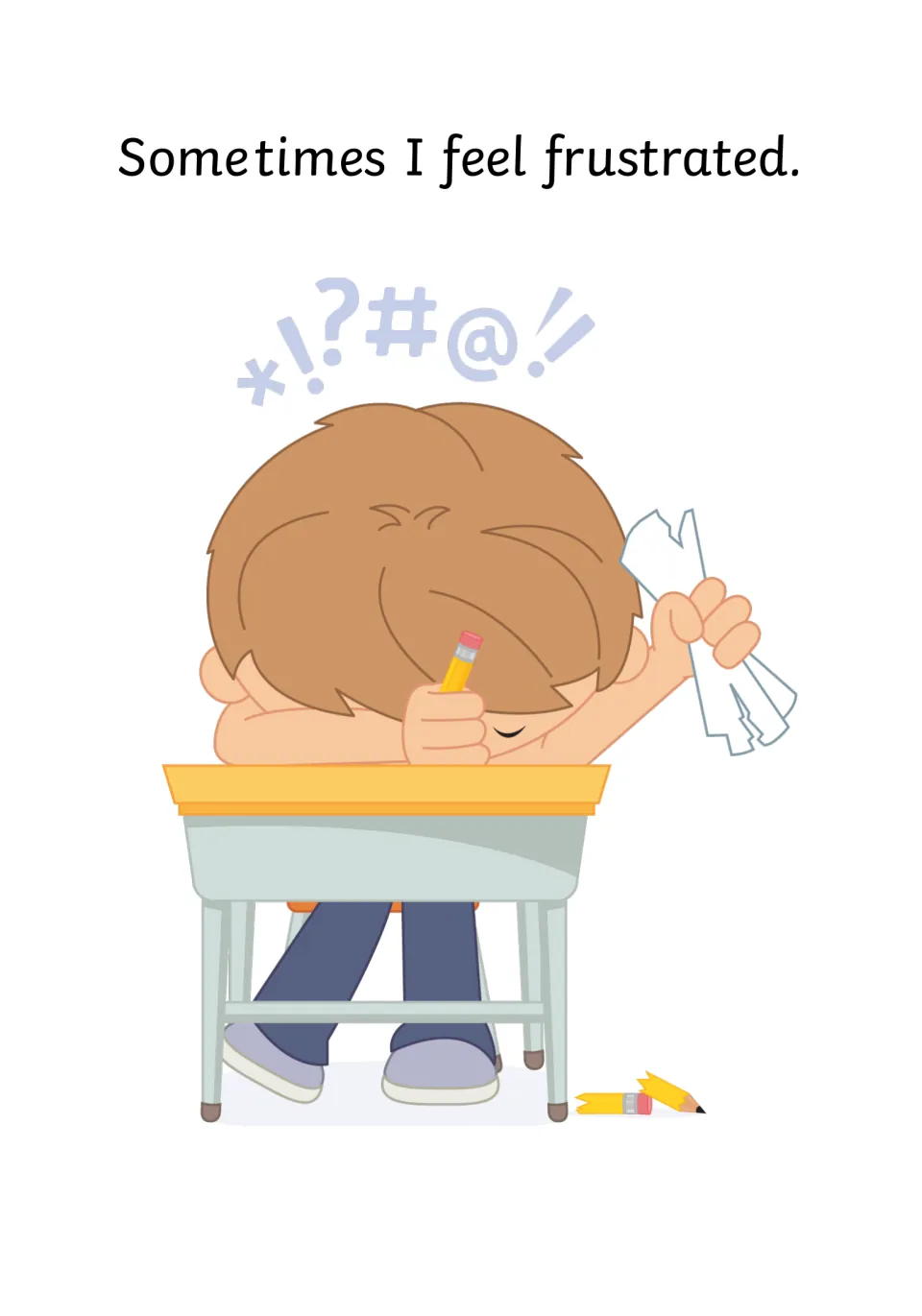 Feeling frustrated: a boy slumps over his desk gripping crumpled paper while a broken pencil lies on the floor