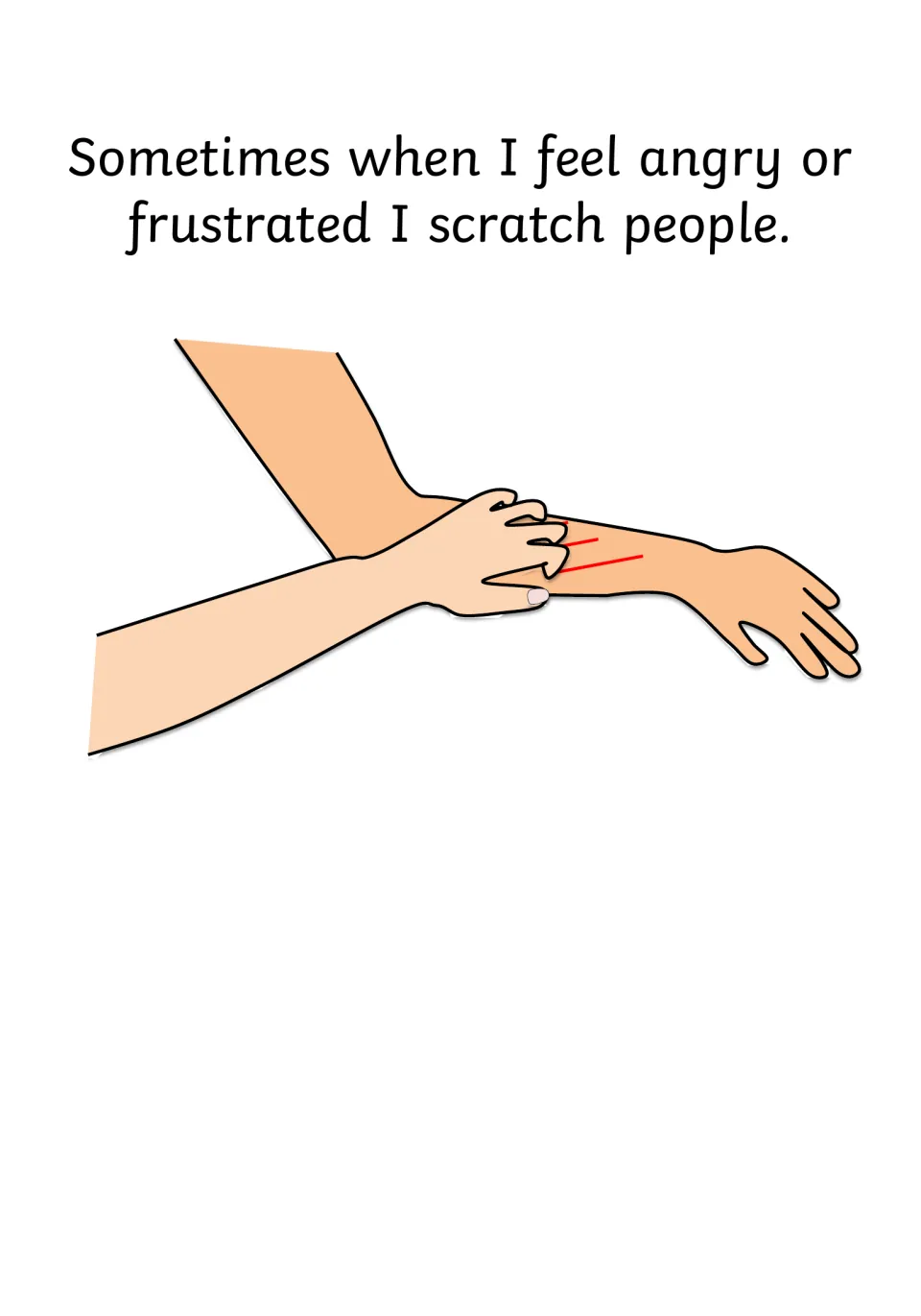Story page linking anger and frustration to hurting others, shown by a hand scratching an arm and leaving red marks