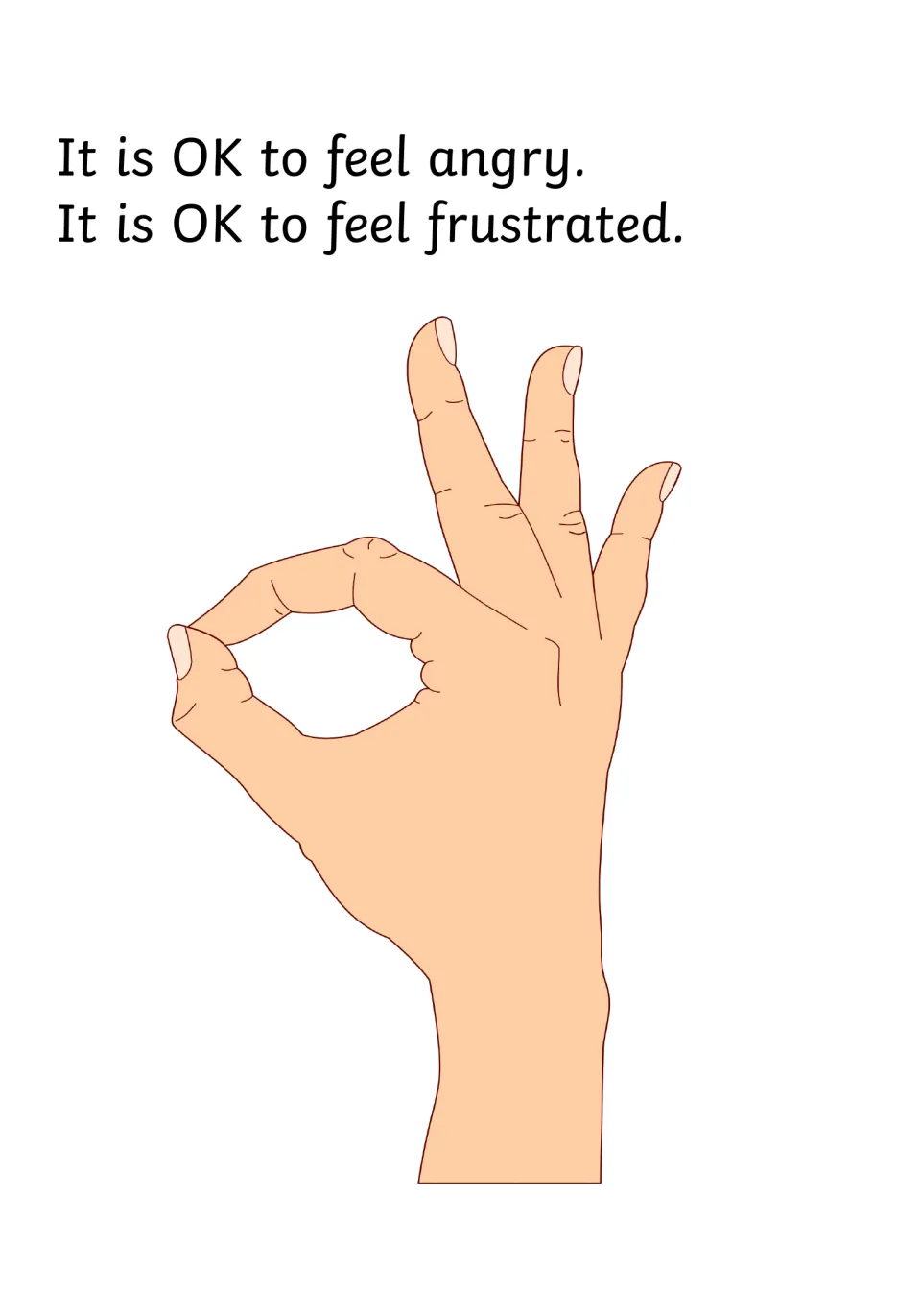 Reassurance page stating it is OK to feel angry and OK to feel frustrated, illustrated with an OK hand gesture