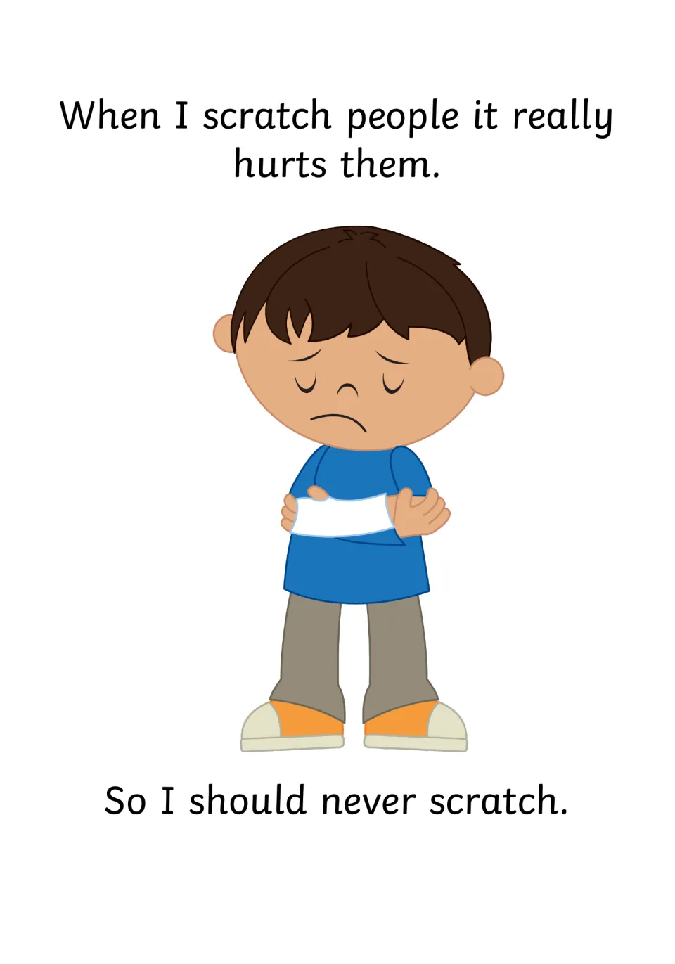 Consequence page: scratching really hurts people, shown by a sad boy holding his bandaged arm