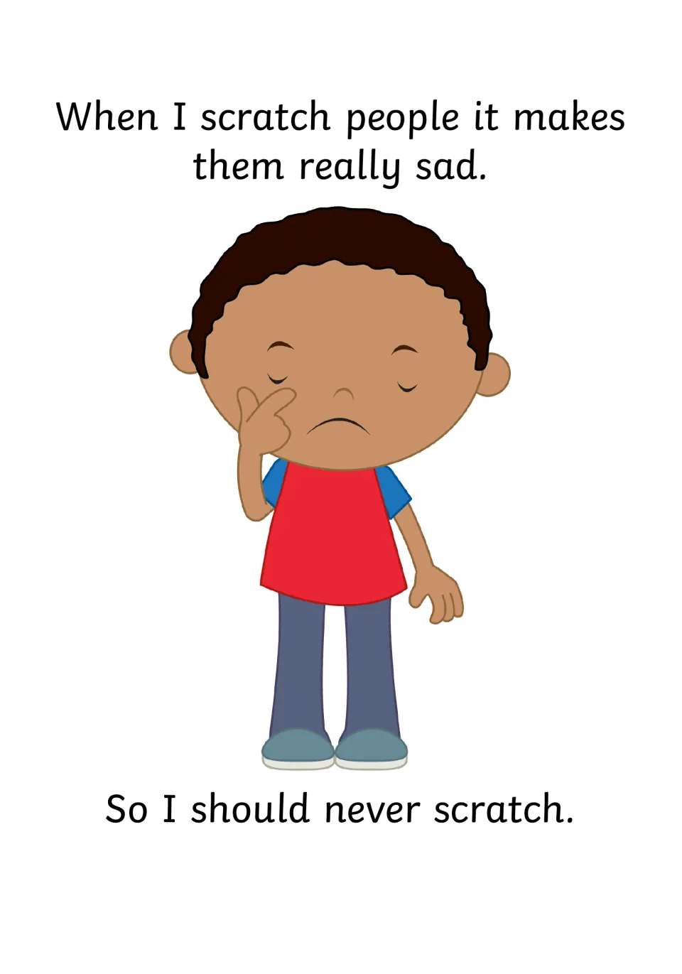 Consequence page: hurting others makes them really sad, shown by a boy in a red shirt wiping a tear from his eye