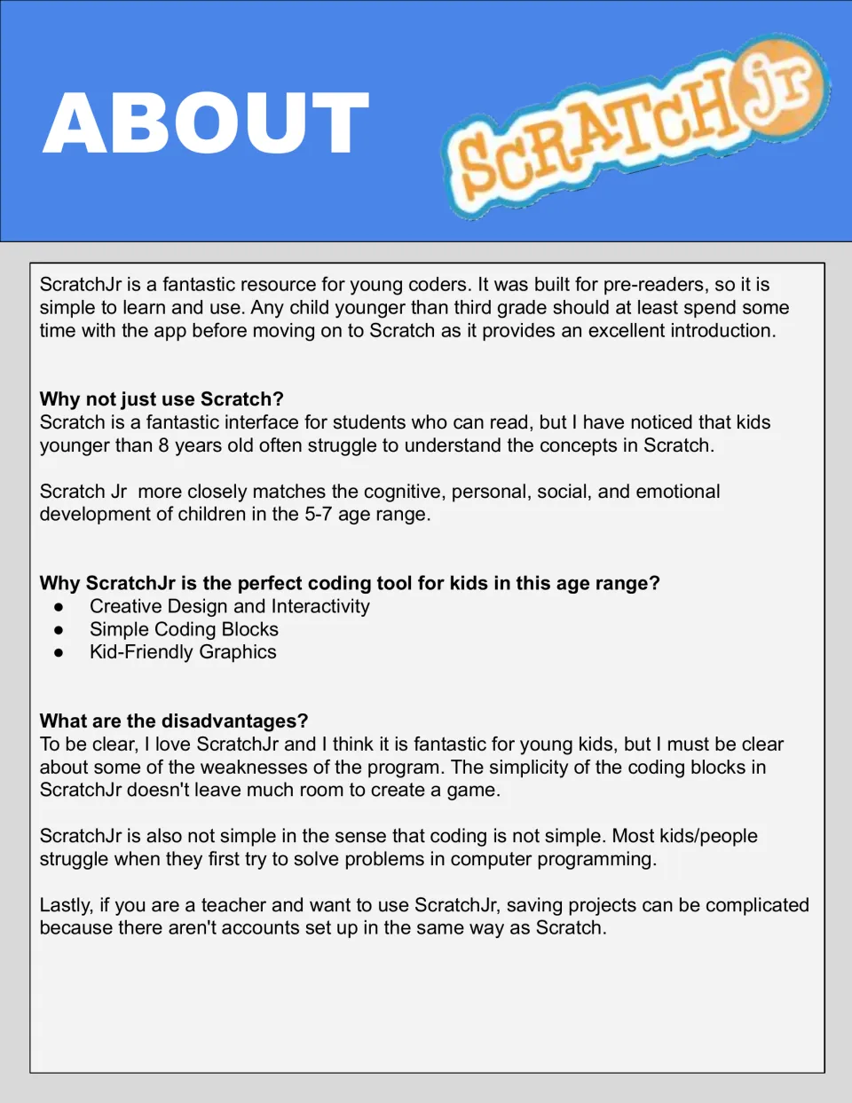 About ScratchJr: teacher notes on why it suits pre-readers over Scratch, its simple coding blocks and its disadvantages