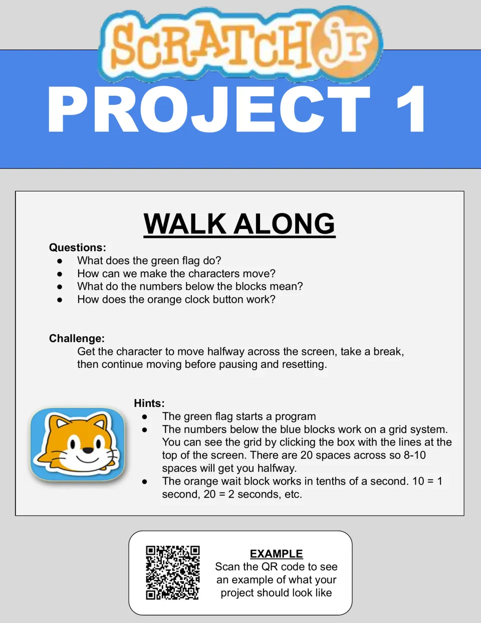 Project 1 Walk Along: students use green flag, motion blocks and wait block to move a character halfway, pause and reset