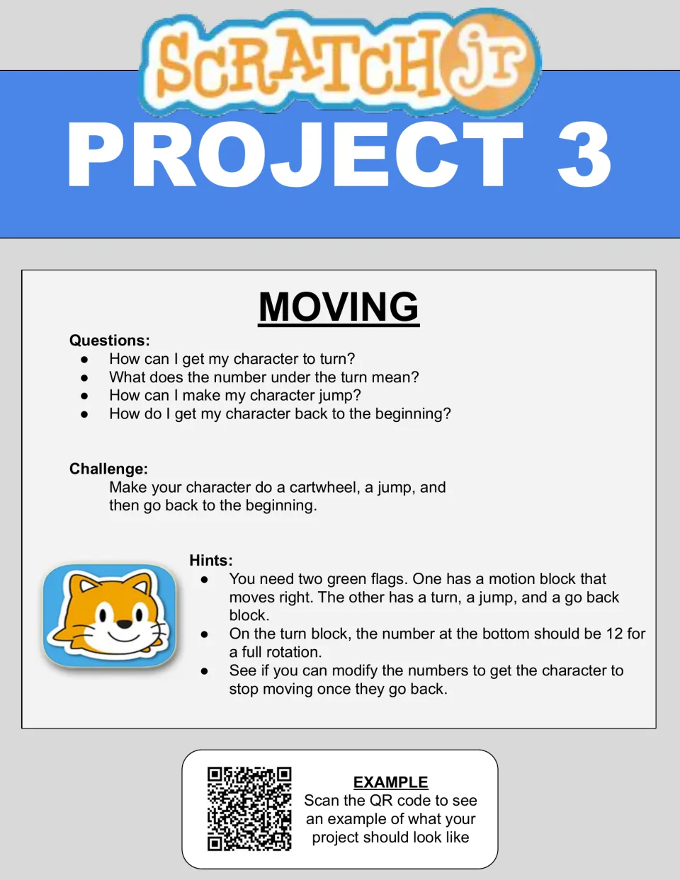 Project 3 Moving: students program a character to do a cartwheel with a turn block set to 12, jump, then go back to start