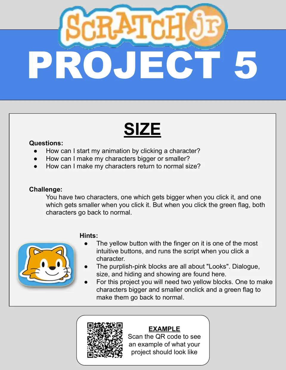 Project 5 Size: students make one character grow and another shrink when tapped, then reset both with the green flag