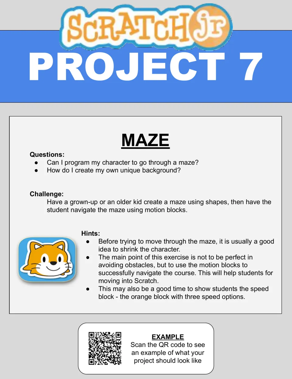 Project 7 Maze: students shrink a character and use motion blocks to navigate a maze of shapes built by an adult