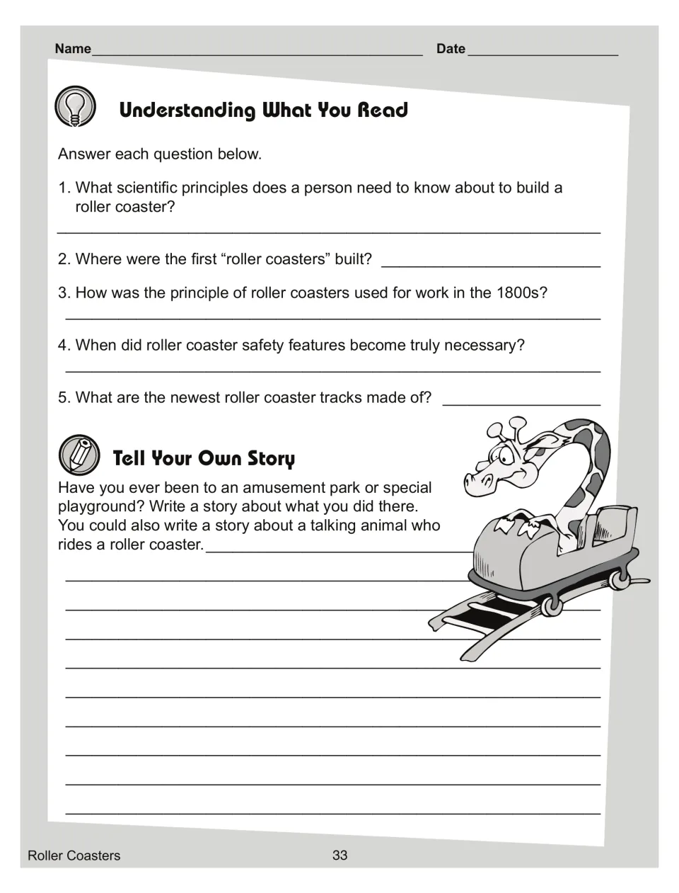 Five story questions, such as 'Where were the first roller coasters built?', and an amusement park writing prompt
