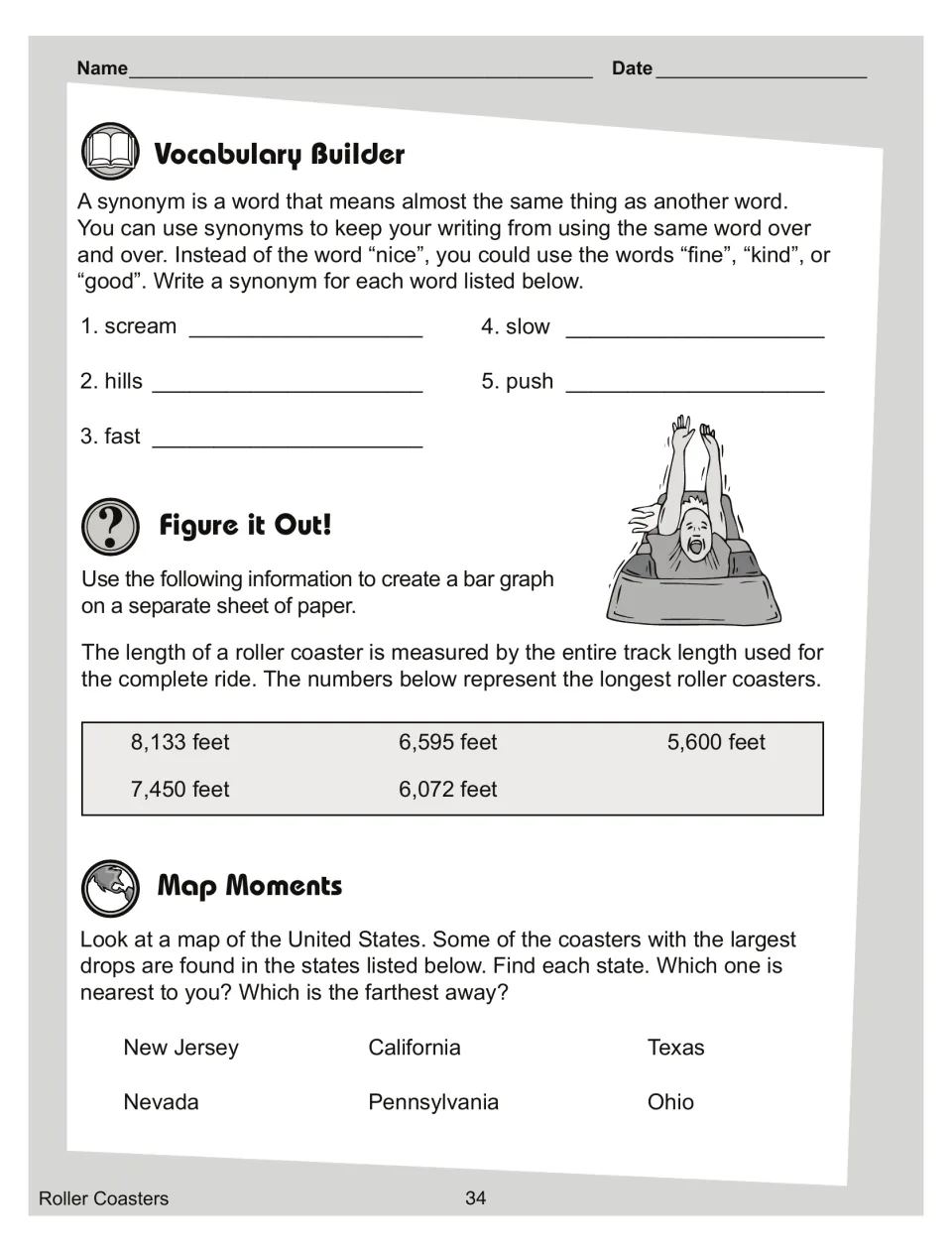 Synonyms for scream, hills, fast, slow, push; graph data for five long coasters; six states to find on a U.S. map