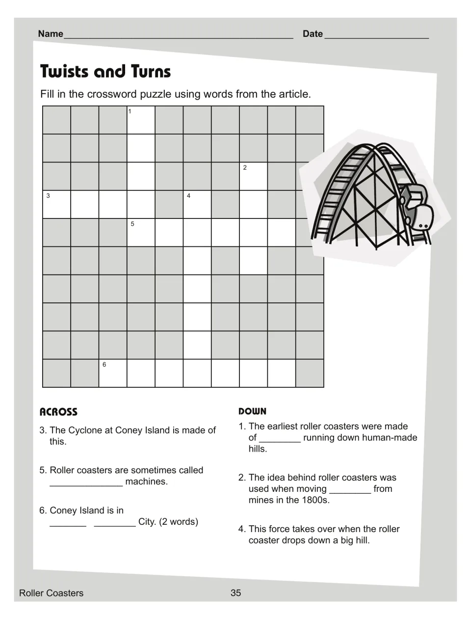 'Twists and Turns' crossword with six Across and Down clues drawn from the roller coaster story