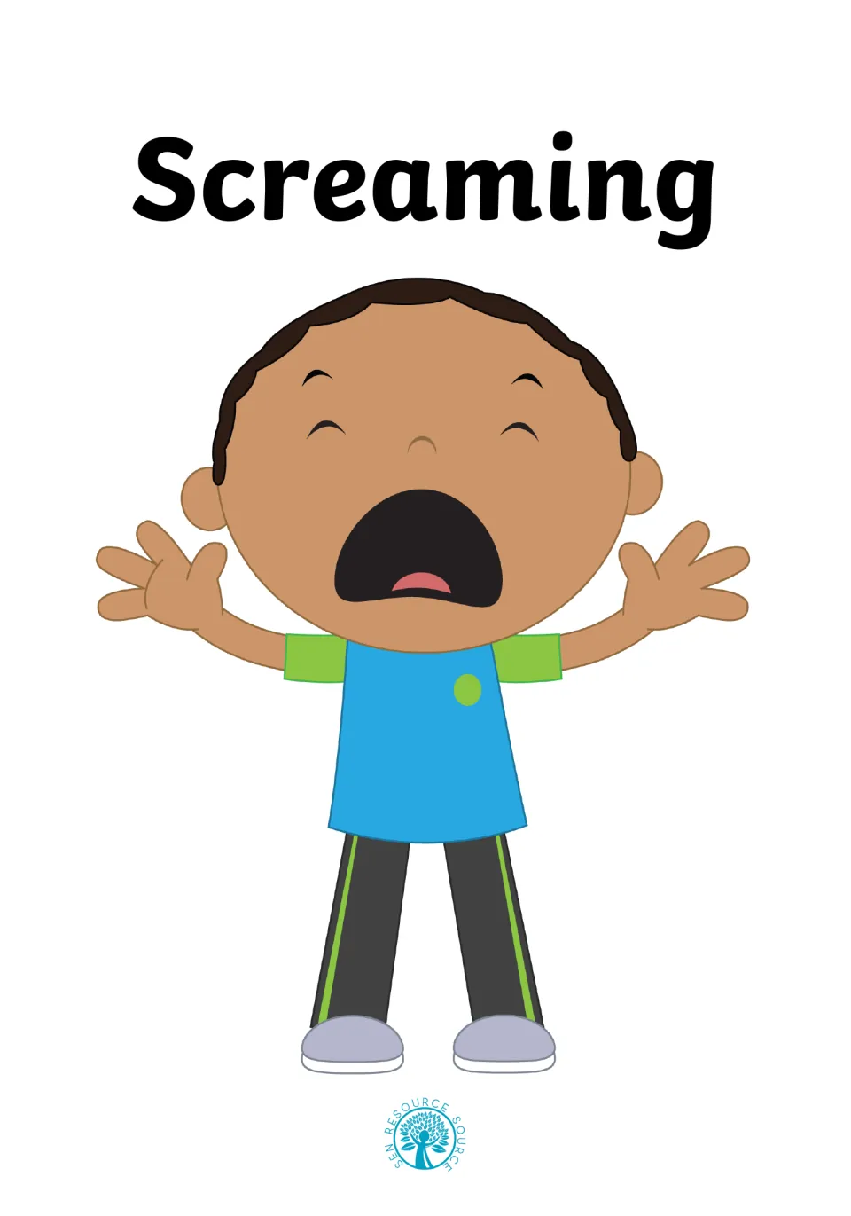 Social story cover titled Screaming, showing a cartoon boy with his arms raised and his mouth wide open, yelling